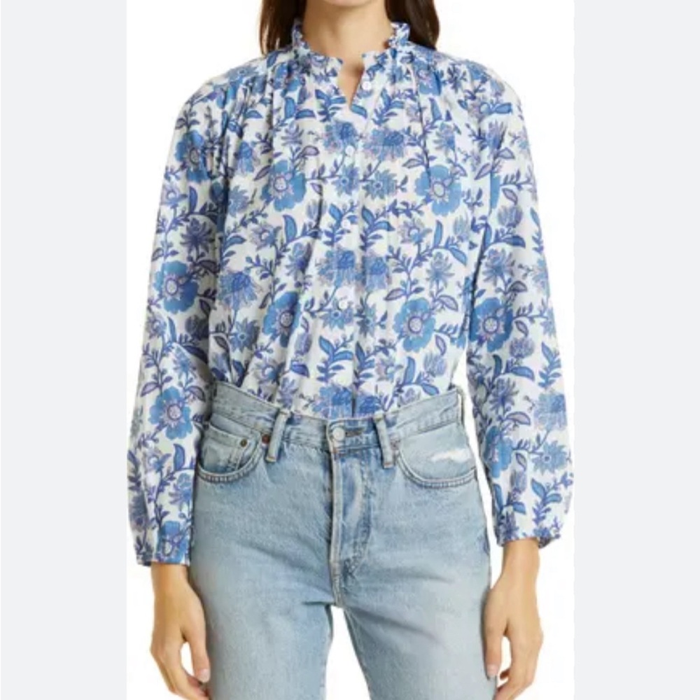 Mille francesca xxs mock neck ruffle blouse blue floral